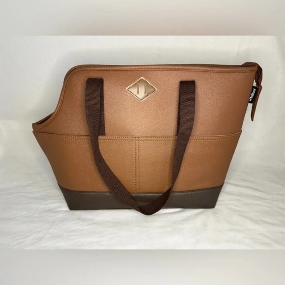 Tailfour Dog Bag Carrier Brown Leather with External Pockets and Handles